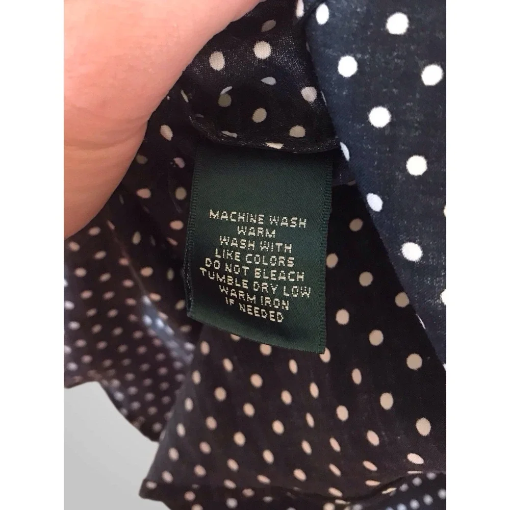 VTG Ralph Lauren Blouse Top Polka Black White‎ Dot 3/4 Sleeve Retro Preppy Sz 16